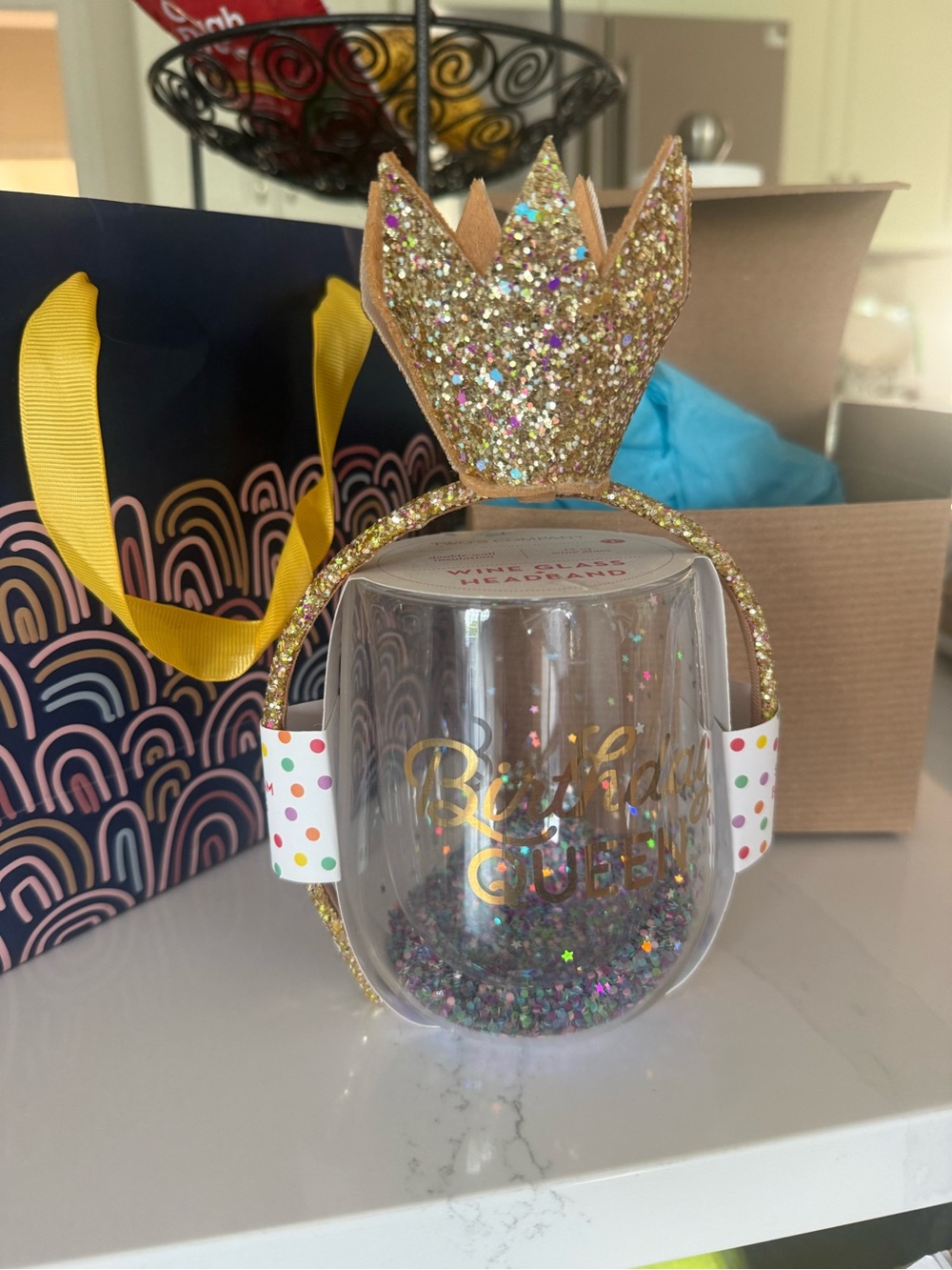 Two’s Company Birthday Queen Glitter Crown Wine Glass Headband - Gold